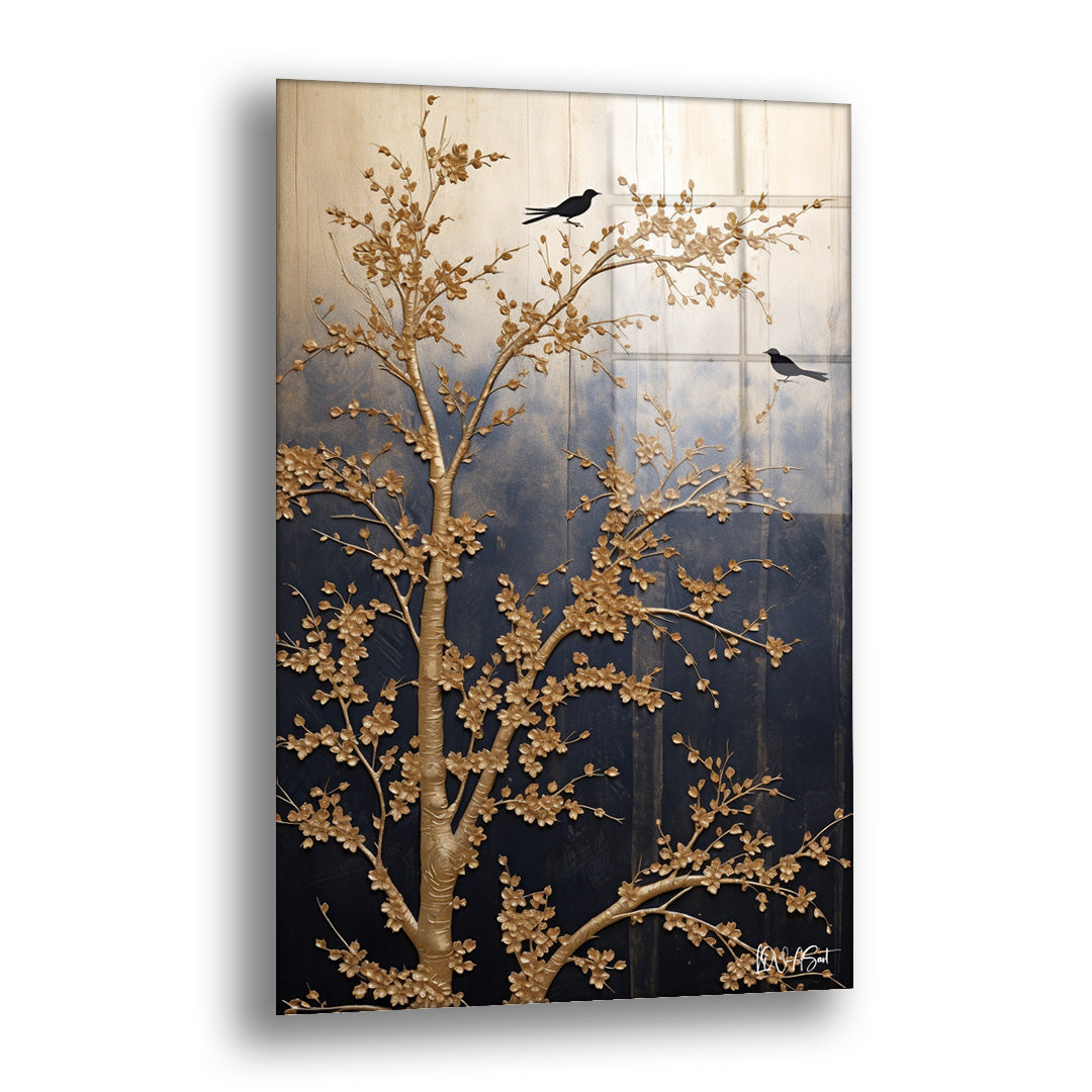 Altın Dallara Konan Kuşlar - Cam Tablo