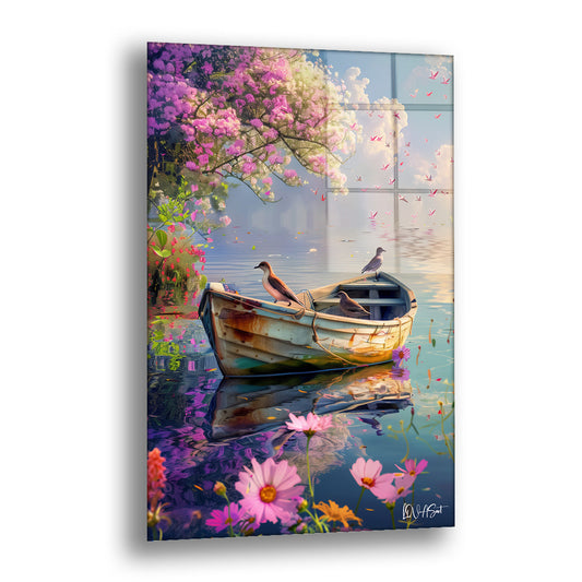 Kayık Üzerinde Kuşlar - Cam Tablo