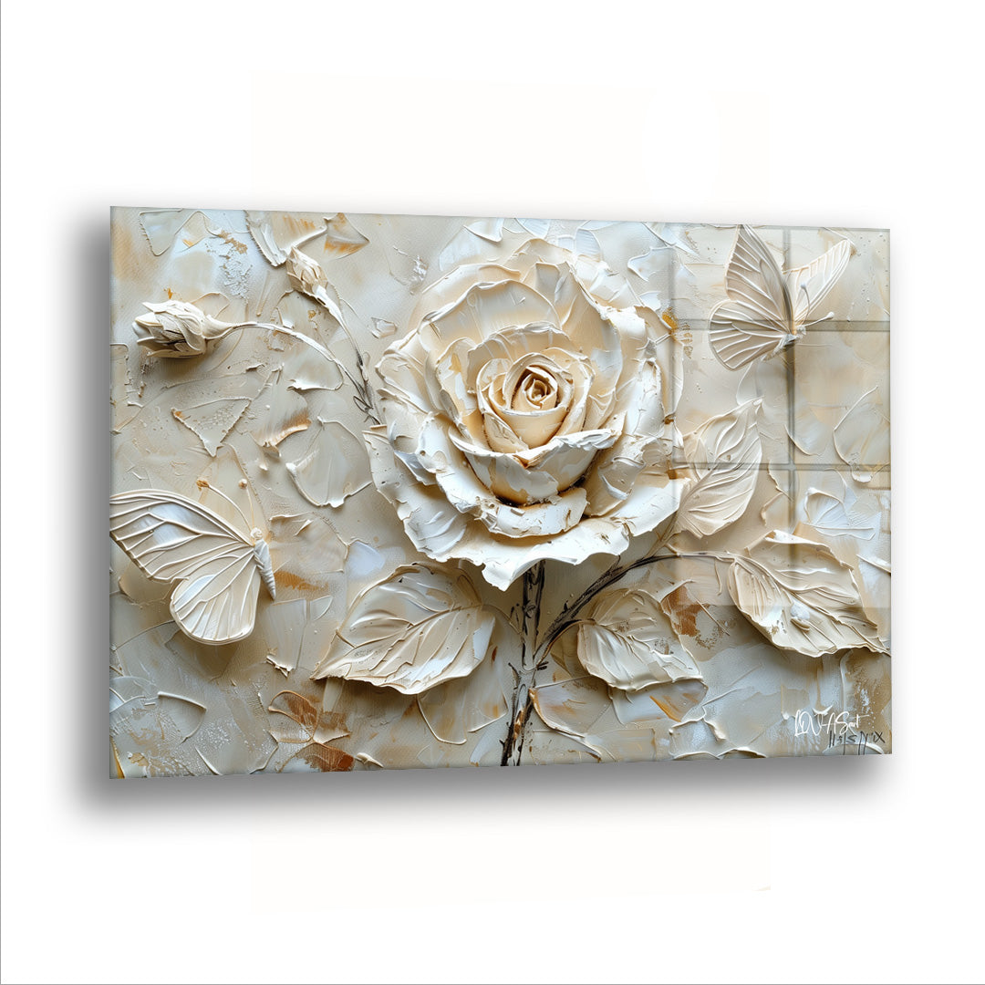 Kremli Çiçek Kelebekler - Cam Tablo