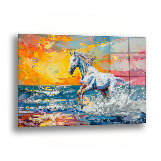 Renklerin İçinde Koşan At - Cam Tablo
