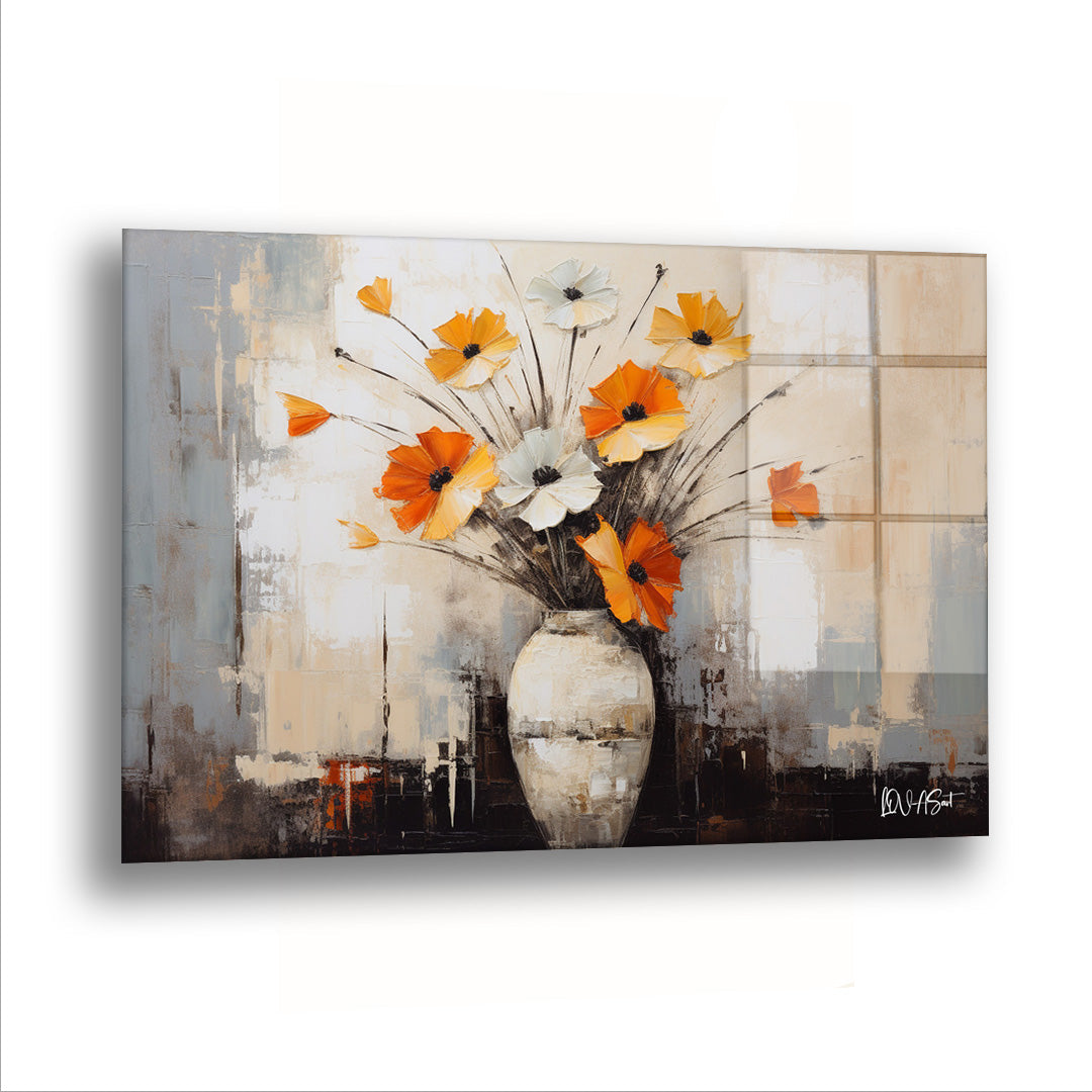 Vazodaki Turuncu Çiçekler - Cam Tablo