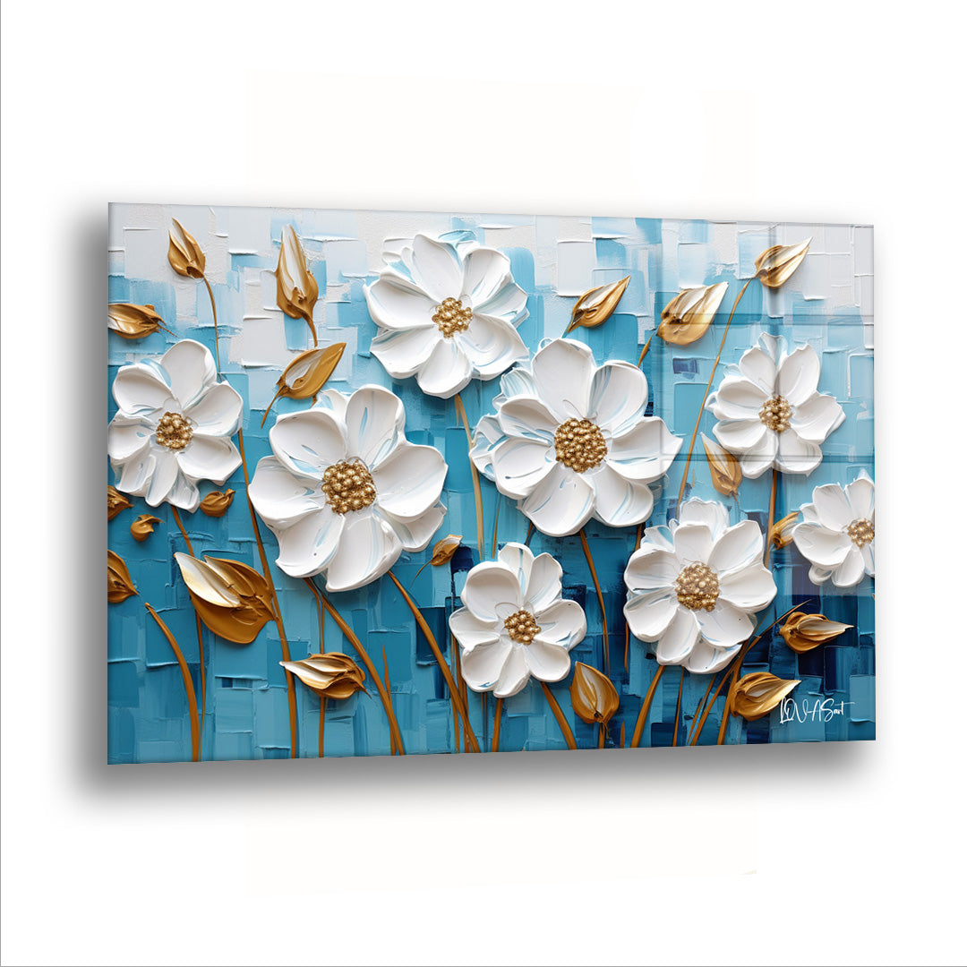 Beyaz Aşk Çiçekleri - Cam Tablo