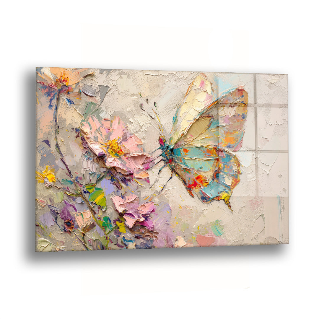 Çiçeğe Konan Kelebek - Cam Tablo