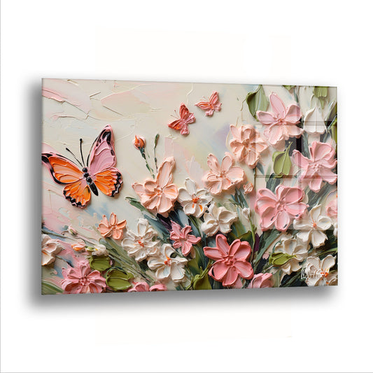 Çiçeklerin Üstündeki Kelebek - Cam Tablo