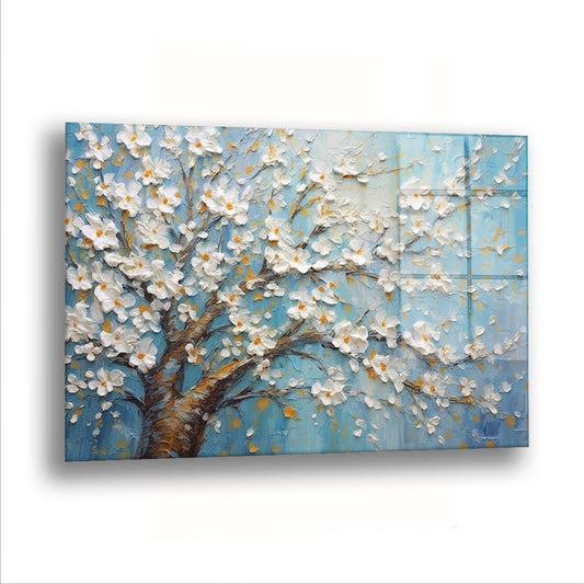 Çiçekli Ağaç Yaprakları - Cam Tablo