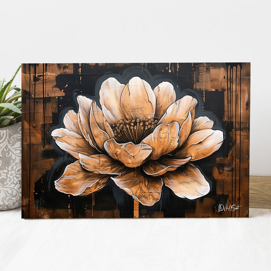 Ahşap Zeminde Lotus kanvas tablo — iç mekân uygulama örneği