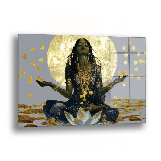 Altın Ay Meditasyonu cam tablo — Altın bir ayın önünde lotus çiçeğinin üstüne oturmuş, avuçları göğe açık bir kadın.