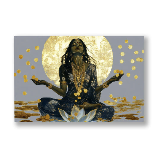 Altın Ay Meditasyonu kanvas tablo — Altın diskin önünde lotus üstünde oturan ve avuçlarından altın saçan figür.