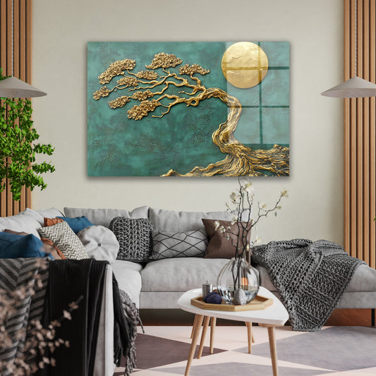 Altın Bonsai cam tablo — duvarda dekorasyon görünümü