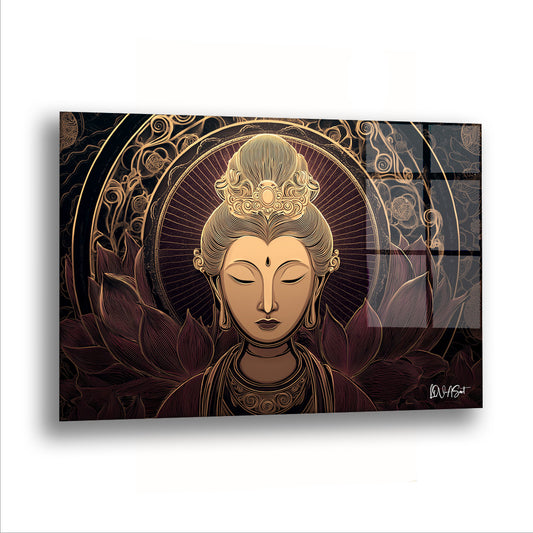 Altın Buda cam tablo — Lotus yapraklarının arasından yükselen altın bir Buda yüzü ve arkasındaki mandala halkası.