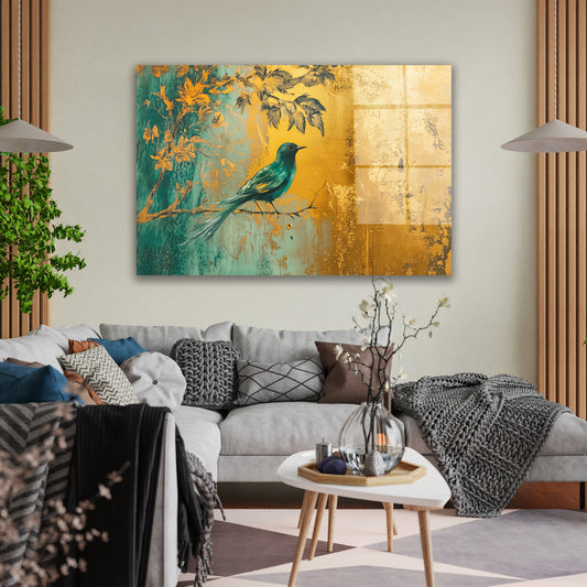 Altın Dalda Turkuaz Kuş cam tablo — duvarda dekorasyon görünümü