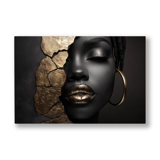 Altın Dudaklı Kadın 4 kanvas tablo — Çatlamış taş dokusunun içinden altın dudaklarıyla doğan bir kadın yüzü.