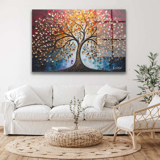 Altın Hayat Ağacı 3 cam tablo — duvarda dekorasyon görünümü