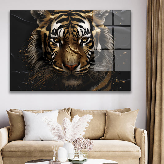 Altın Kaplan Bakışı cam tablo — duvarda dekorasyon görünümü