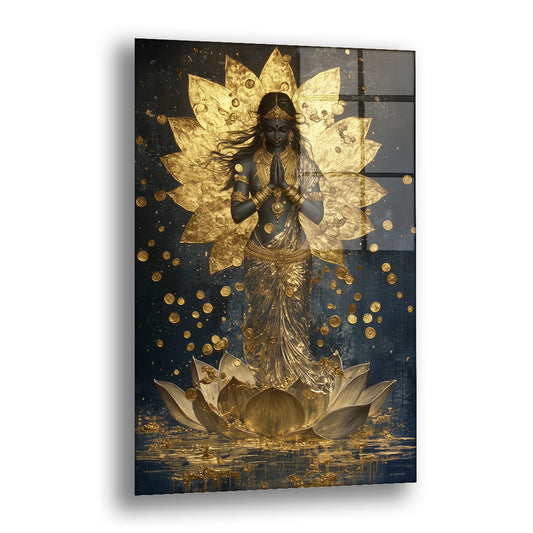 Altın Lotus Meditasyonu cam tablo — ellerini göğsünde birleştirmiş bir figürün altın lotus yapraklarından bir hale içinde, la