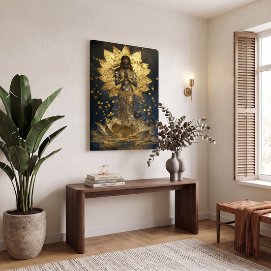 Altın Lotus Meditasyonu kanvas tablo — iç mekân uygulama örneği