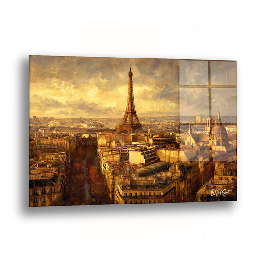 Altın Paris Çatıları cam tablo — Paris çatılarının üstüne altın bir akşam çökmüş, Eyfel uzakta duruyor.