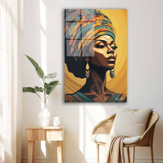 Altın Sarıklı Afrikalı Kadın cam tablo — duvarda dekorasyon görünümü