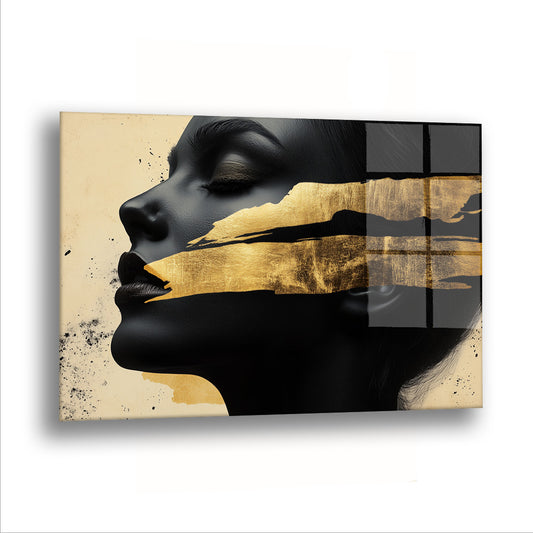 Altın Şeritli Siyah Profil cam tablo — Siyah bir profilin üstünden iki altın şerit geçiyor.