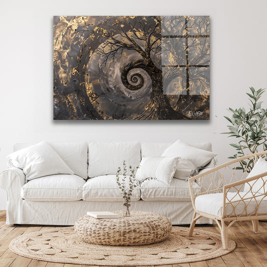 Altın Spiral Ağaç cam tablo — duvarda dekorasyon görünümü