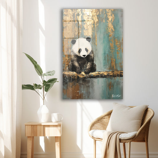 Altın Turkuaz Panda cam tablo — duvarda dekorasyon görünümü