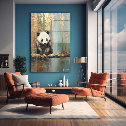 Altın Turkuaz Panda cam tablo — farklı açıdan görünüm