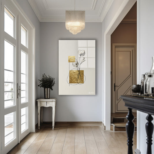Altın Yapraklı Minimal cam tablo — iç mekân uygulama örneği