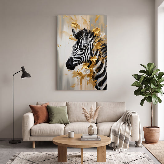 Altın Yeleli Zebra kanvas tablo — duvarda dekorasyon görünümü