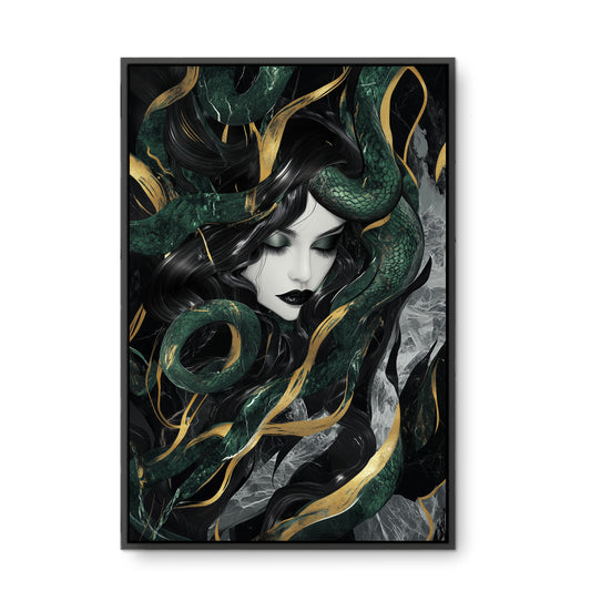 Altın Yılanlı Medusa - Kalın Metal Çerçeveli Kanvas Tablo