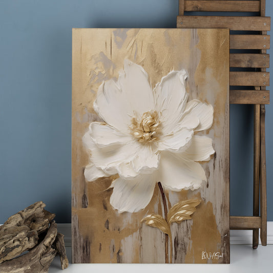 Altın Zeminde Beyaz Çiçek 4 kanvas tablo — farklı açıdan görünüm