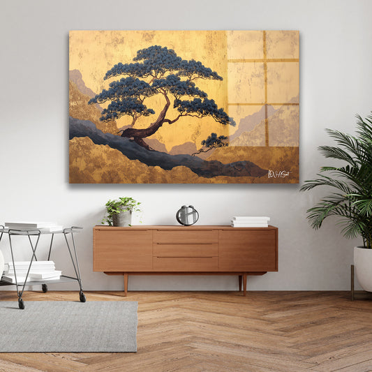 Altın Zeminde Bonsai cam tablo — iç mekân uygulama örneği