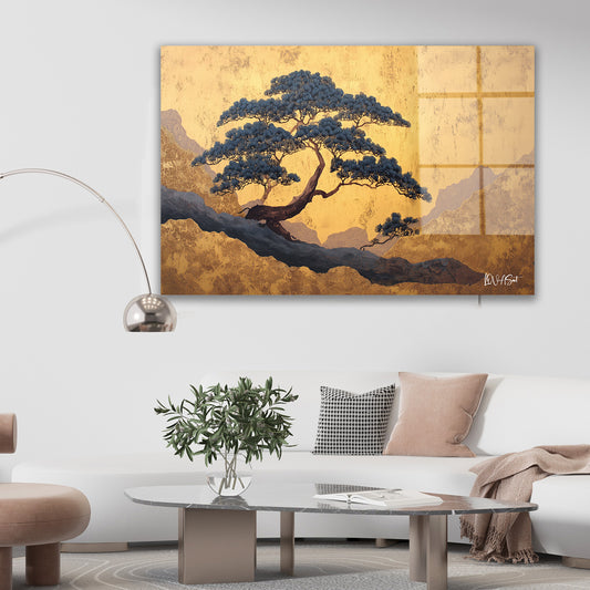 Altın Zeminde Bonsai cam tablo — farklı açıdan görünüm