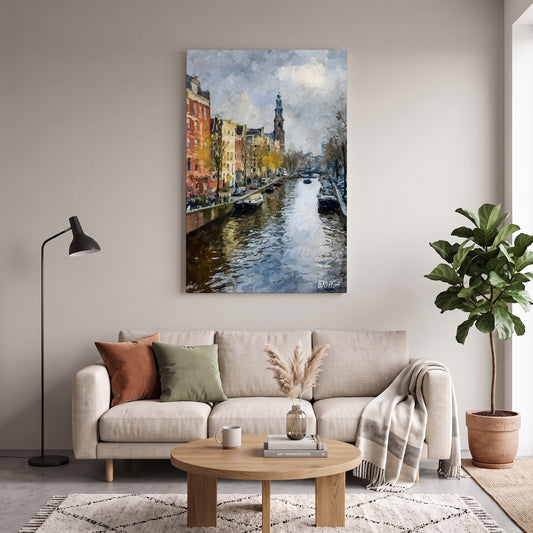 Amsterdam Kanalı kanvas tablo — duvarda dekorasyon görünümü