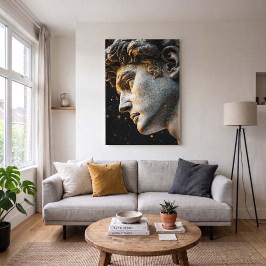 Antik Heykel Yüzü kanvas tablo — duvarda dekorasyon görünümü