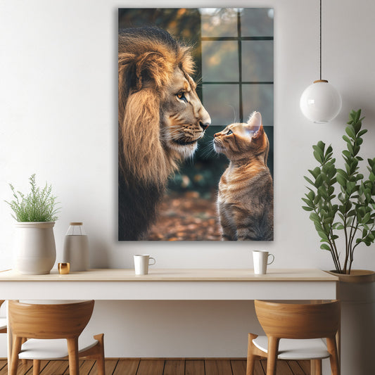 Aslan ve Kedi Yavrusu cam tablo — iç mekân uygulama örneği