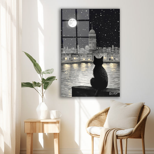 Ay Işığında Kara Kedi cam tablo — duvarda dekorasyon görünümü