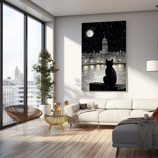 Ay Işığında Kara Kedi kanvas tablo — iç mekân uygulama örneği