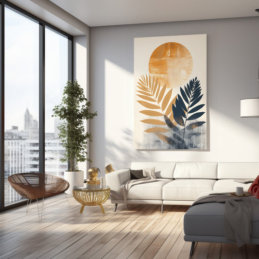 Bej Güneş Ve Yapraklar kanvas tablo — iç mekân uygulama örneği