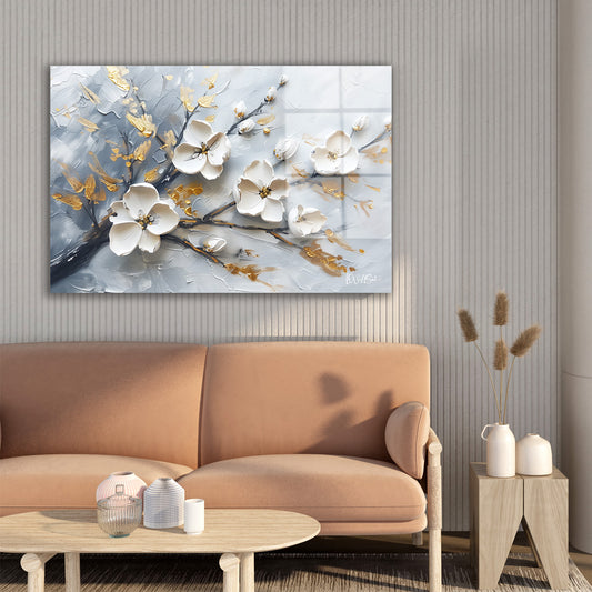 Beyaz Altın Çiçek Dalı cam tablo — farklı açıdan görünüm