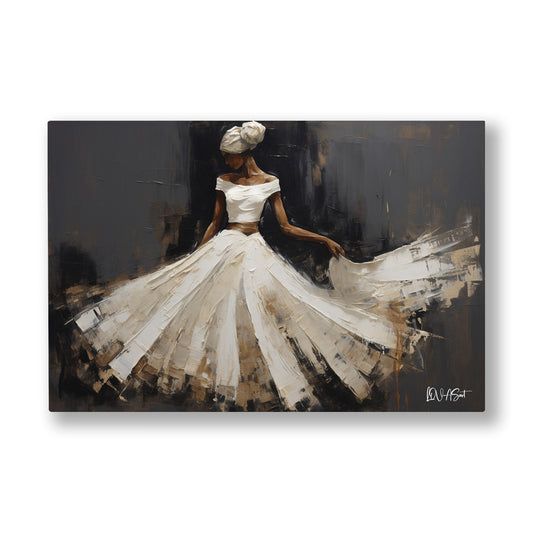 Beyaz Elbiseli Dansçı 2 kanvas tablo — Beyaz şapkalı dansçı, koyu bir sahnede eteğini geniş bir daire gibi savuruyor.