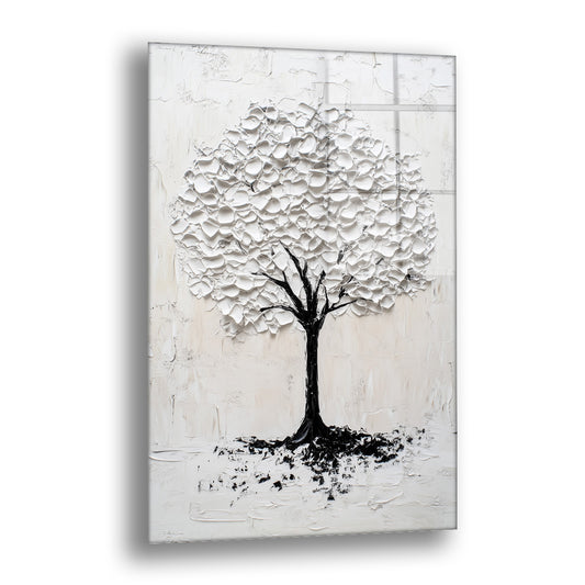 Beyaz Kabartma Ağaç 4 cam tablo — beyaz yaprak kümelerinden oluşan yuvarlak bir taç ve ince siyah bir gövdeyi, tamamen sade b