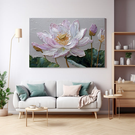 Beyaz Lotus 6 kanvas tablo — duvarda dekorasyon görünümü