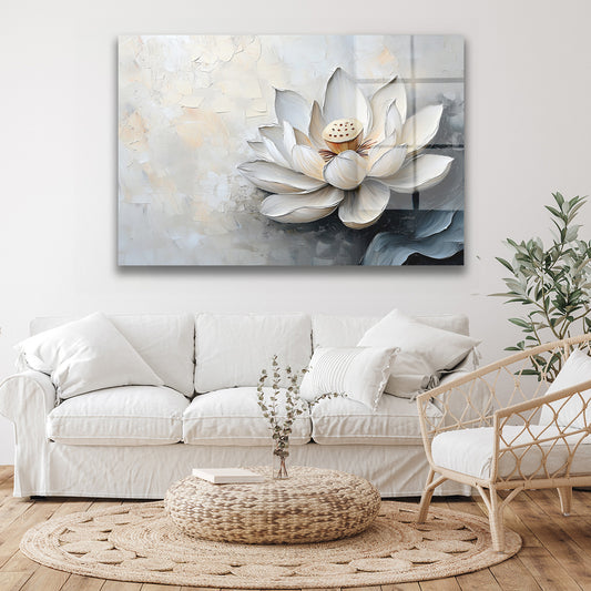 Beyaz Lotus Çiçeği cam tablo — duvarda dekorasyon görünümü
