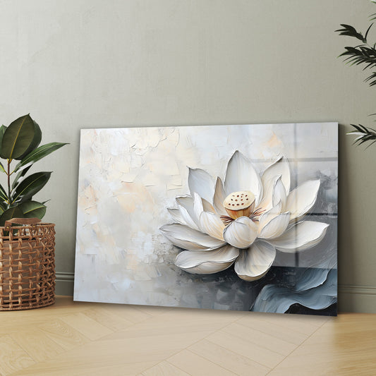 Beyaz Lotus Çiçeği cam tablo — iç mekân uygulama örneği