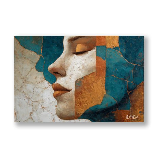 Beyaz Turuncu Profil kanvas tablo — Petrol yeşili ve altın blokların arasından süzülen bir kadın profili.