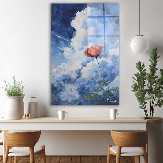 Bulutlu Gökte Gül cam tablo — iç mekân uygulama örneği