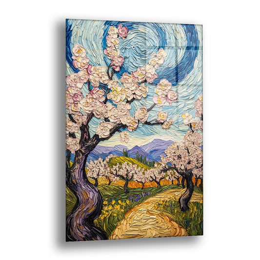 Çiçek Açmış Badem Bahçesi cam tablo — girdap gibi dönen mavi gökyüzünün altında sıra sıra badem ağaçlarını açtıran, Van Gogh