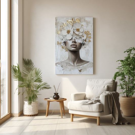 Çiçek Taçlı Kadın 3 kanvas tablo — duvarda dekorasyon görünümü
