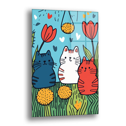 Çizgi Kediler ve Laleler cam tablo — üç sevimli kediyi ve kırmızı laleleri mavi bir zeminde neşeyle çiziyor.