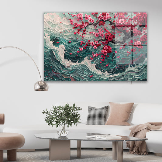 Dalgalı Sakura cam tablo — duvarda dekorasyon görünümü